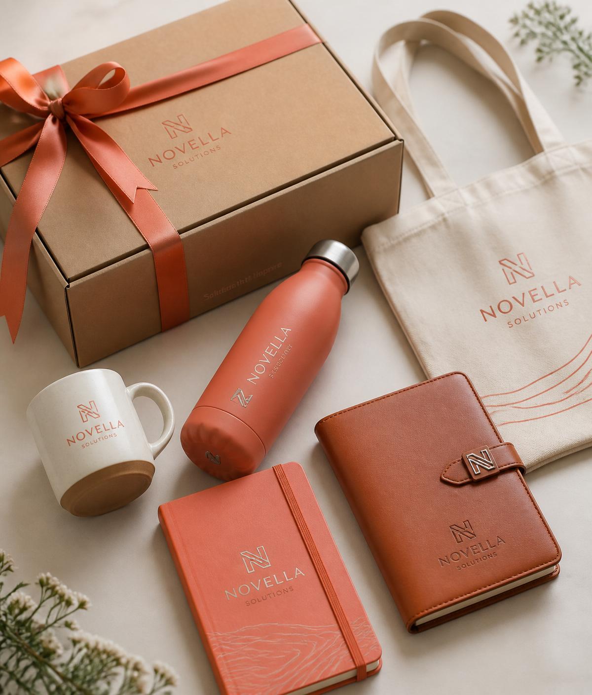 Composição de kit corporativo Regalle com caixa personalizada, garrafa térmica, caneca, agenda, mochila e ecobag